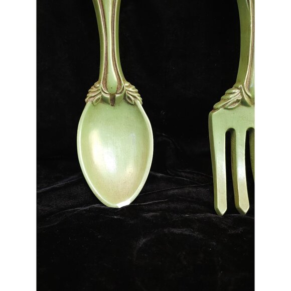Vintage Green Ceramic Spoon & Fork Wall Decor Set With Ornate Details - Picture 3 of 8